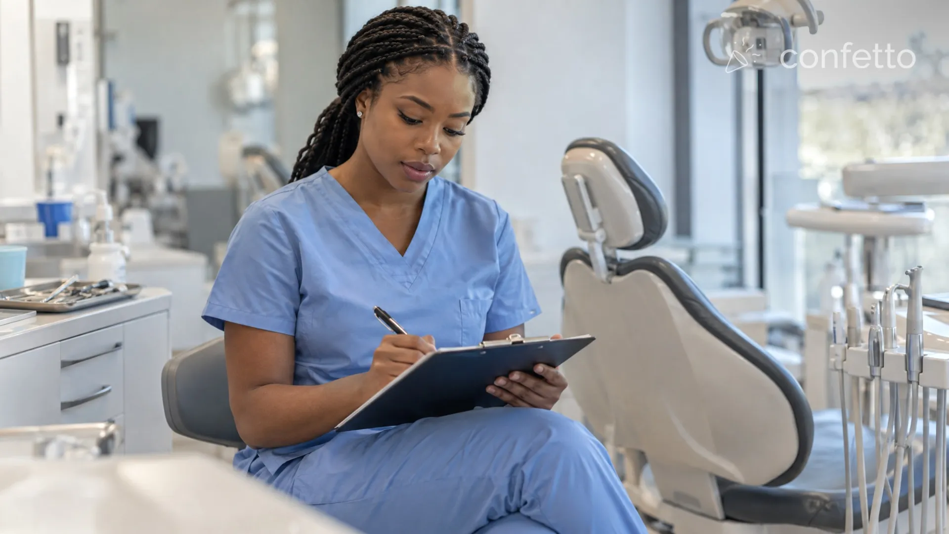 A dental student reviewing notes in a simulation clinic