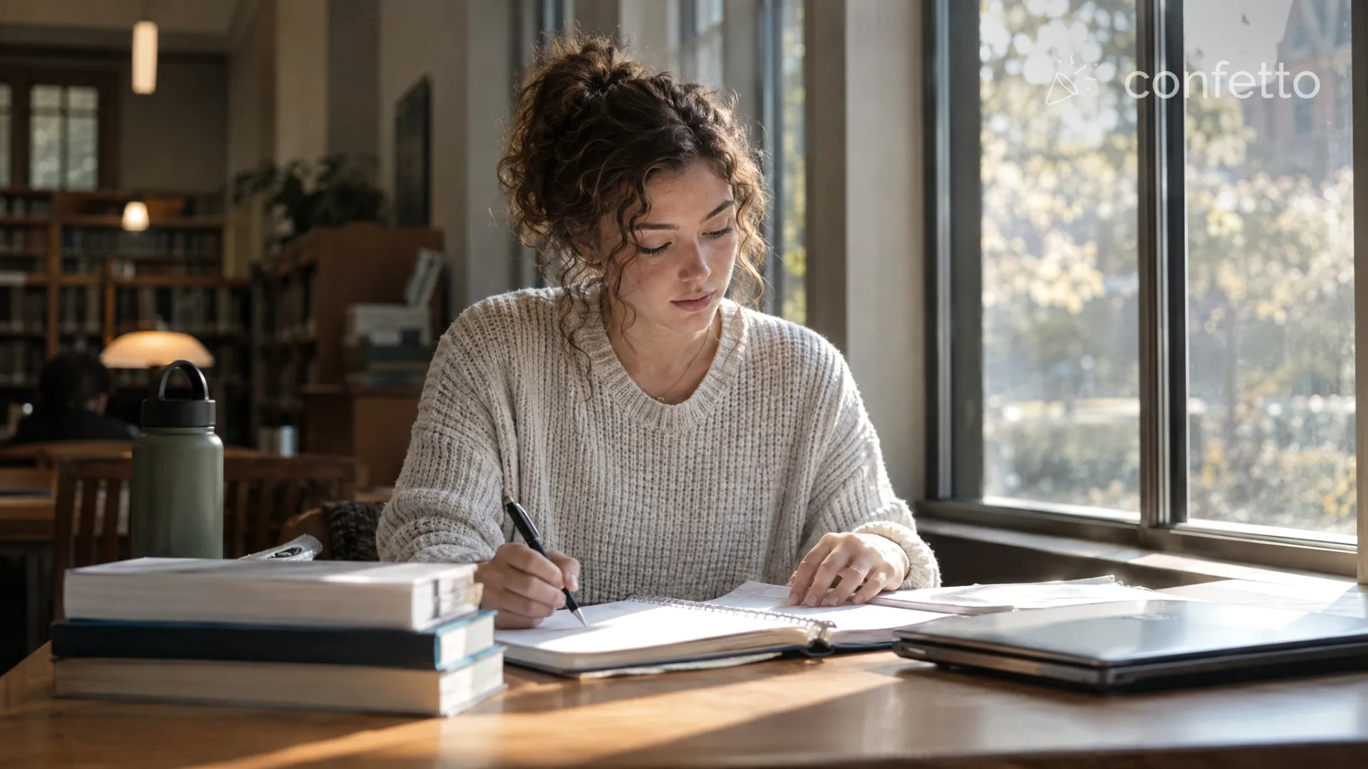 A pre-med student studying for the MCAT in a library