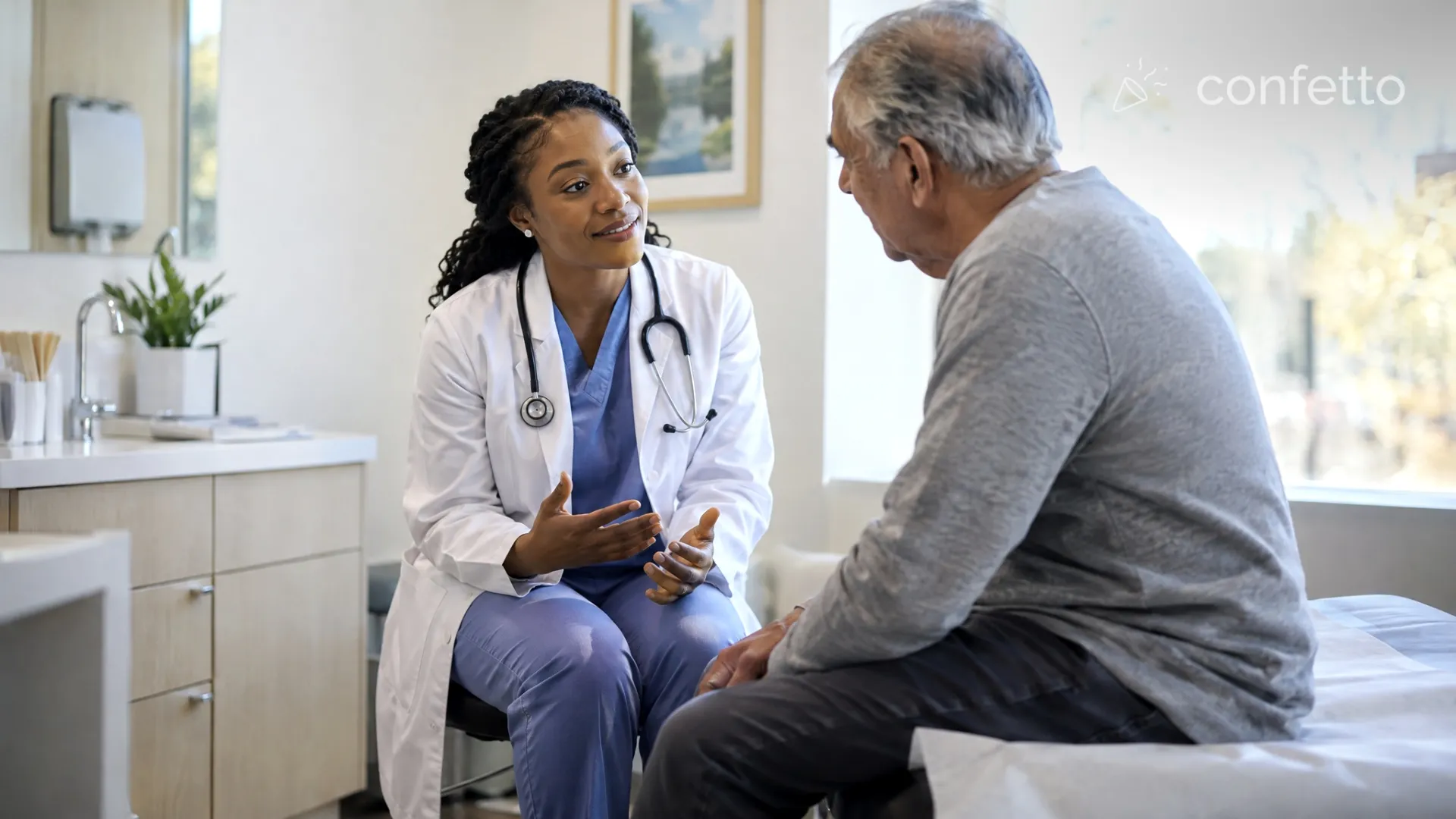A medical student speaking with an older patient