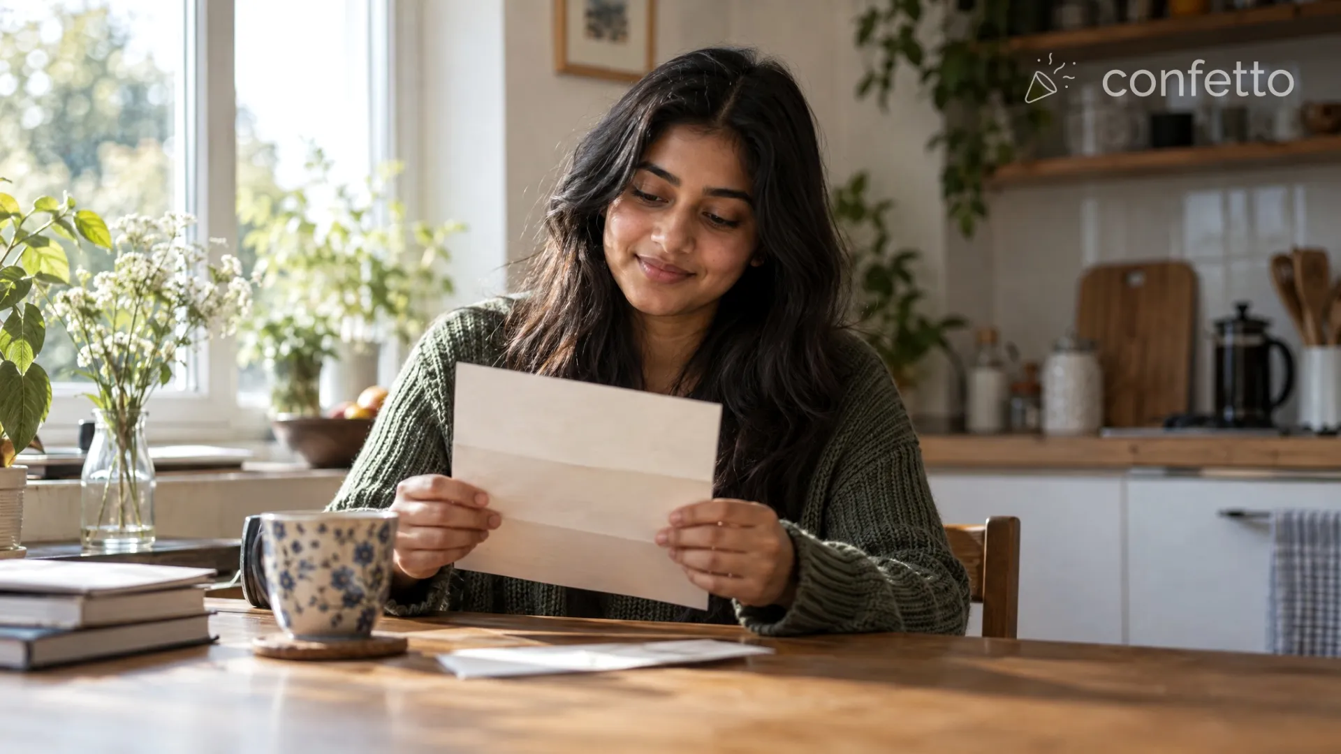 An applicant reading a letter at her kitchen table