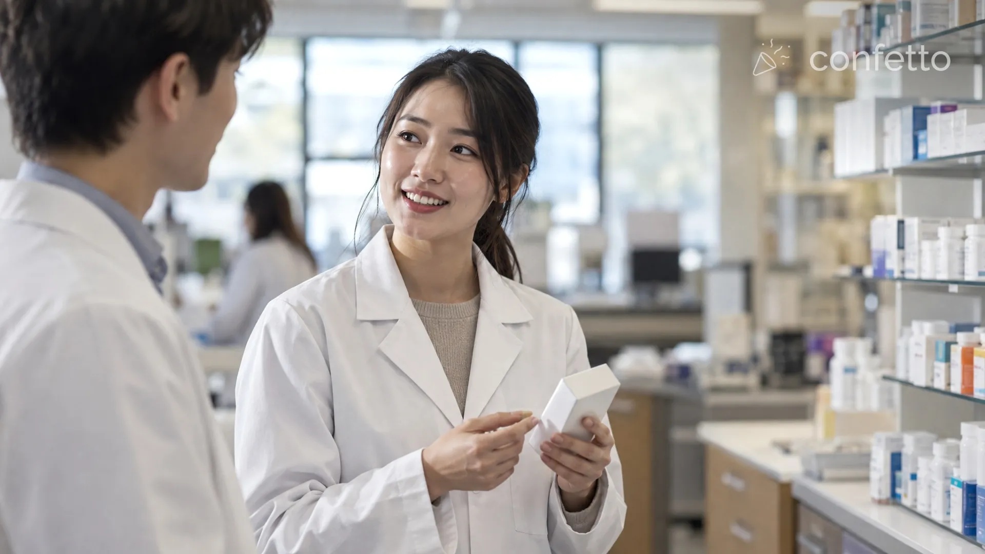 Pharmacy students talking in a teaching pharmacy