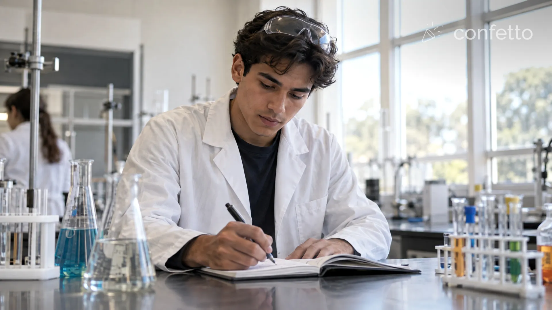 A pre-med student writing in a lab notebook in a chemistry lab