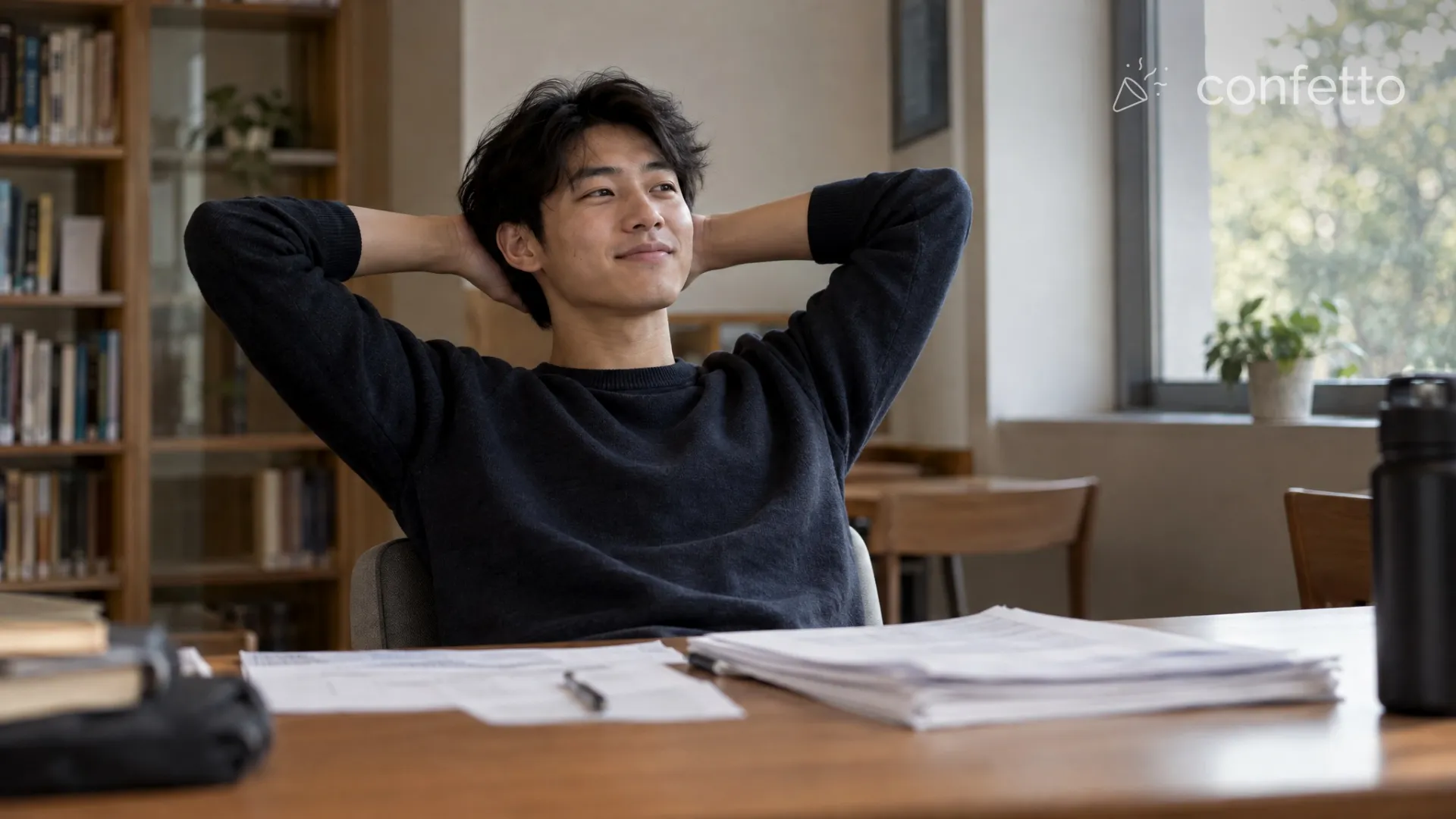 A pre-med student relaxing after a practice test