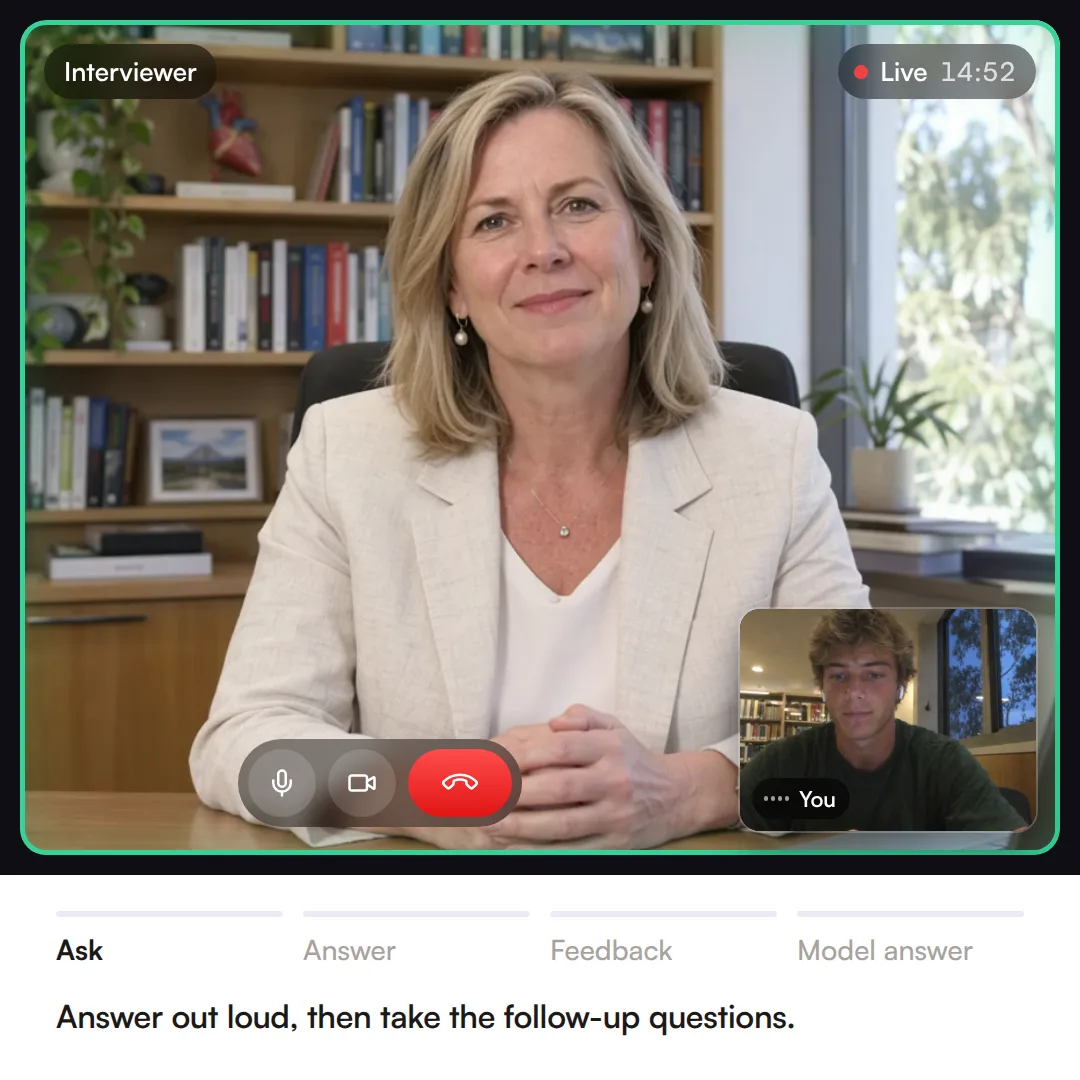 A live Confetto mock interview call: the AI interviewer asks an MMI question about rural health in Australia, you answer out loud with live captions, then you get a score report and a model answer