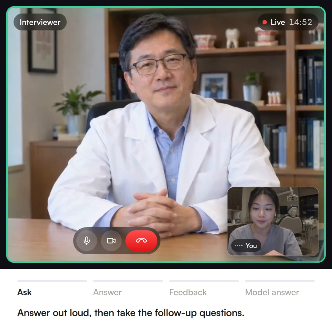 A live Confetto mock interview call: the AI interviewer asks a dental school ethics question, you answer out loud with live captions, then you get a score report and a model answer