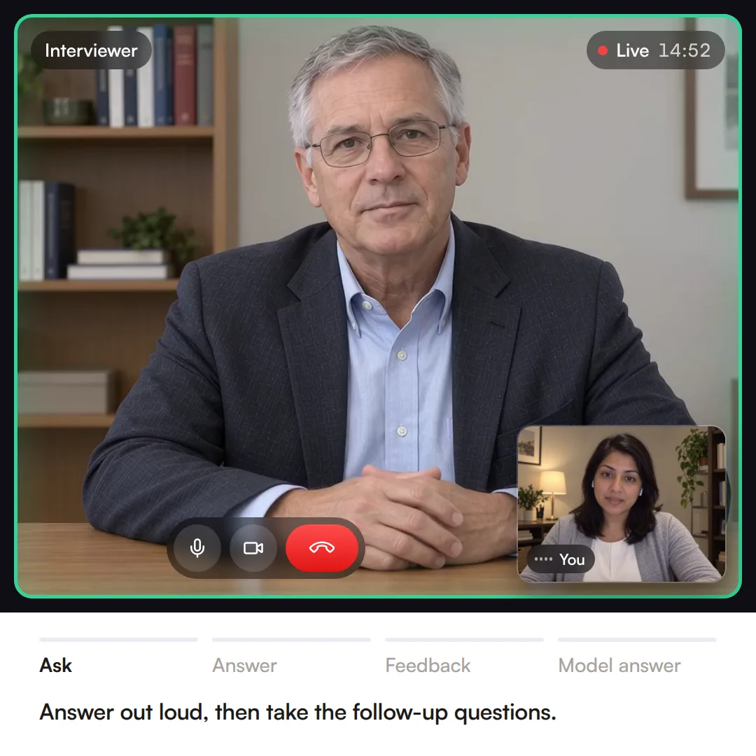 A live Confetto mock oral board exam: the AI examiner reads an anesthesiology case and asks what you'd do, you answer out loud with live captions, then you get a score report and a model answer