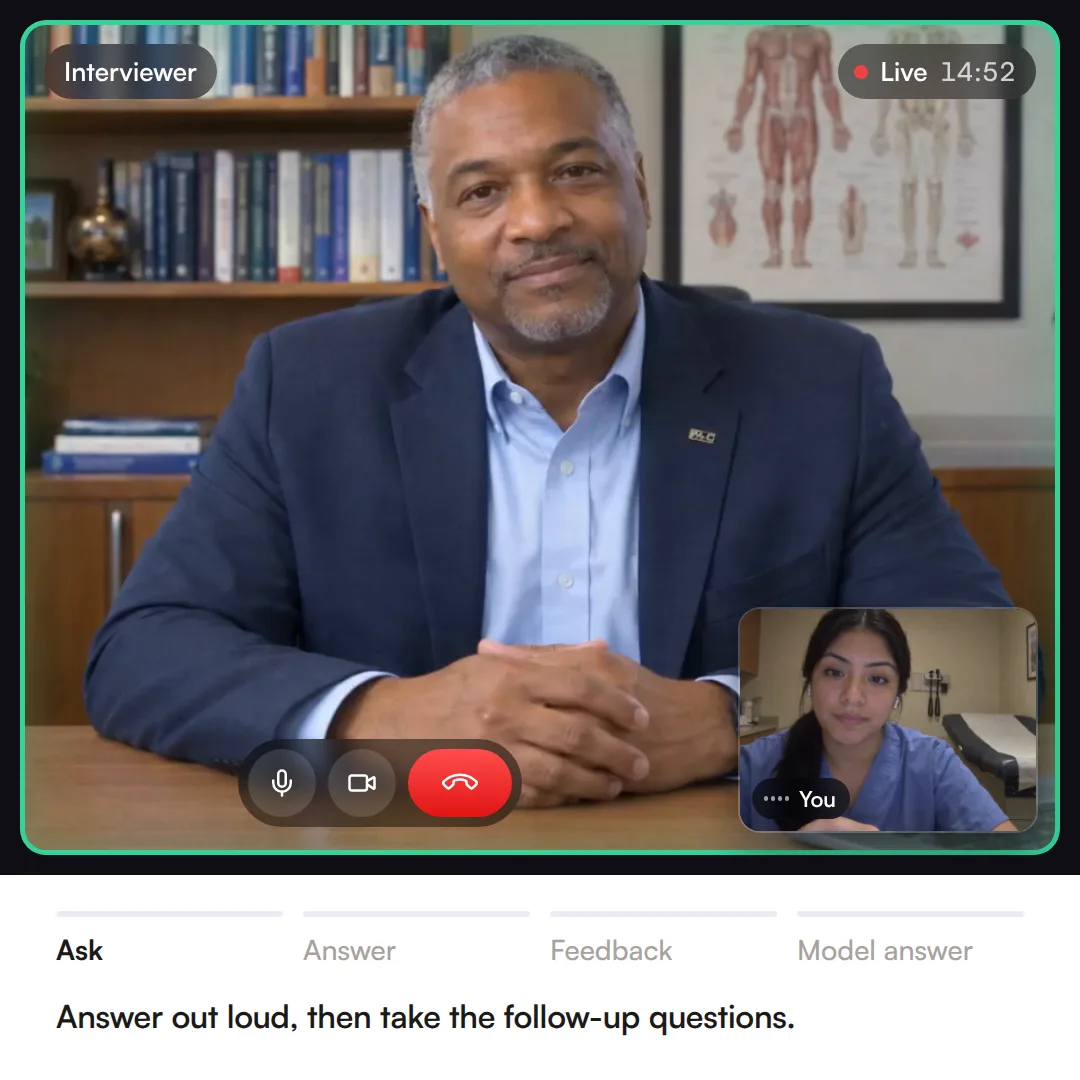 A live Confetto mock interview call: the AI interviewer asks a PA school MMI question, you answer out loud with live captions, then you get a score report and a model answer