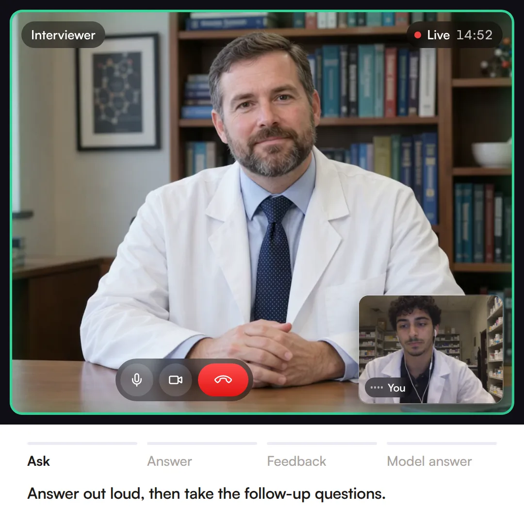 A live Confetto mock interview call: the AI interviewer asks a pharmacy residency clinical case, you answer out loud with live captions, then you get a score report and a model answer