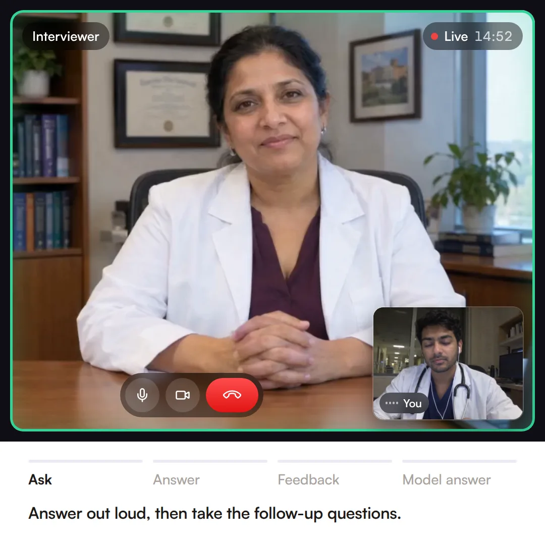 A live Confetto mock interview call: the AI interviewer asks a residency interview question, you answer out loud with live captions, then you get a score report and a model answer
