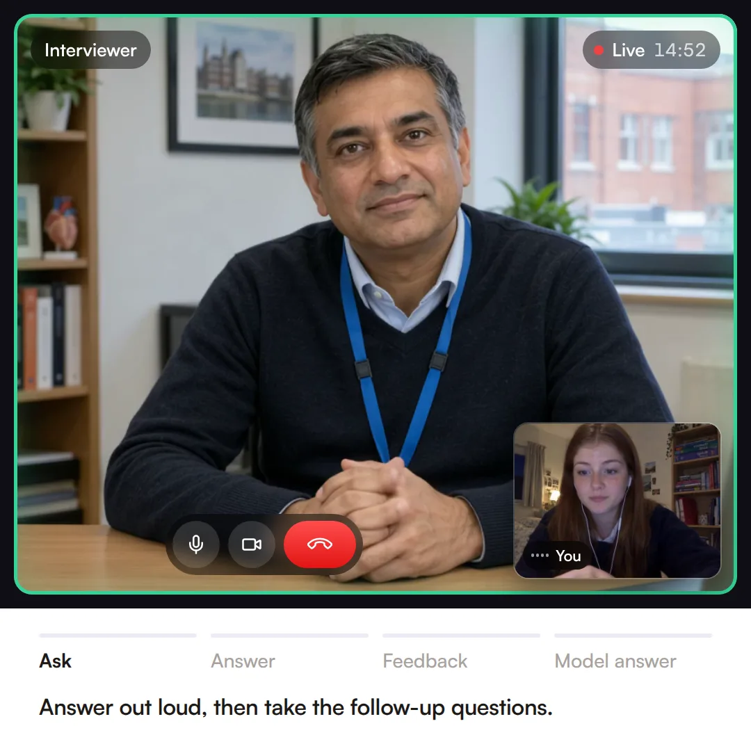 A live Confetto mock interview call: the AI interviewer asks a UK medicine MMI question about the NHS, you answer out loud with live captions, then you get a score report and a model answer