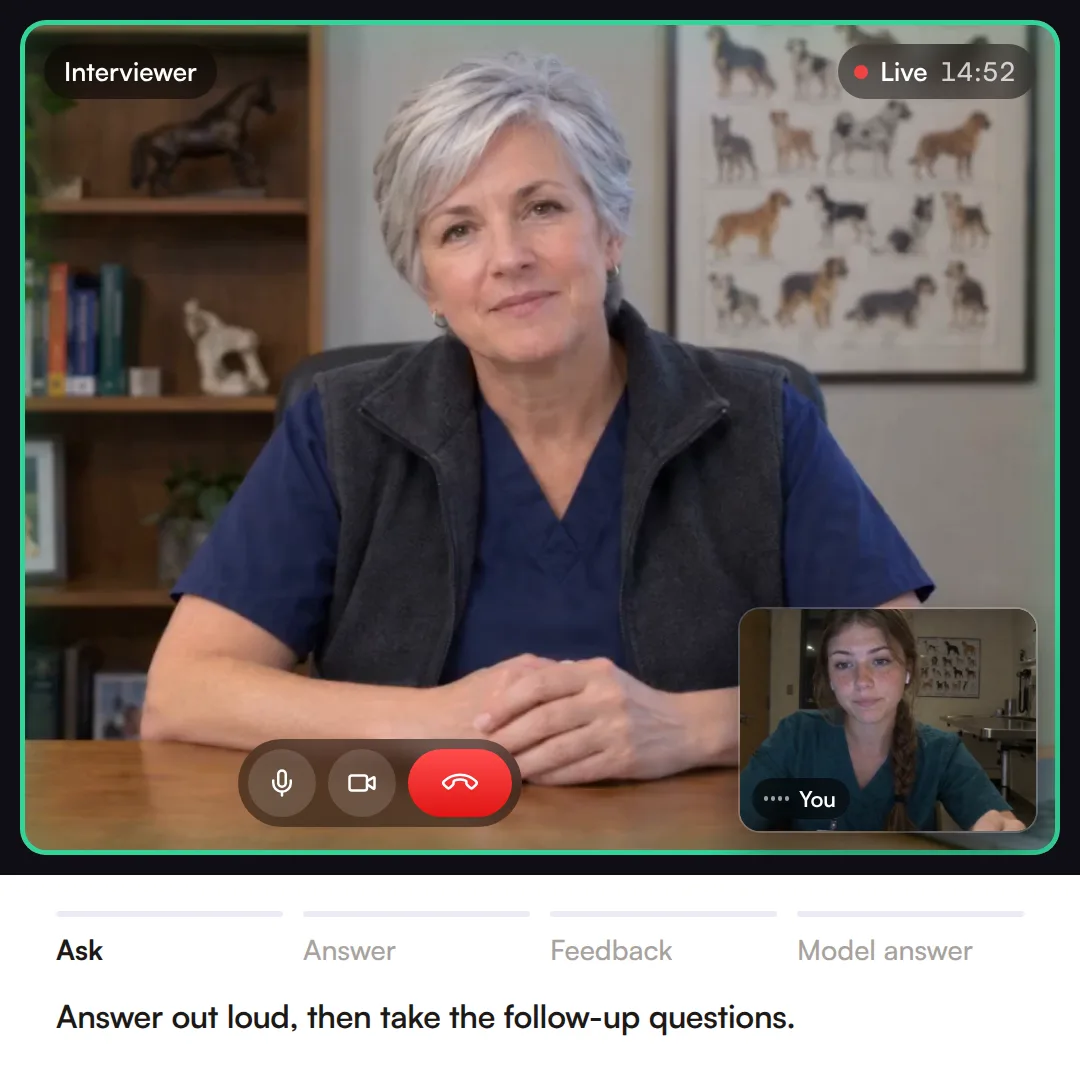 A live Confetto mock interview call: the AI interviewer asks a vet school MMI ethics question, you answer out loud with live captions, then you get a score report and a model answer